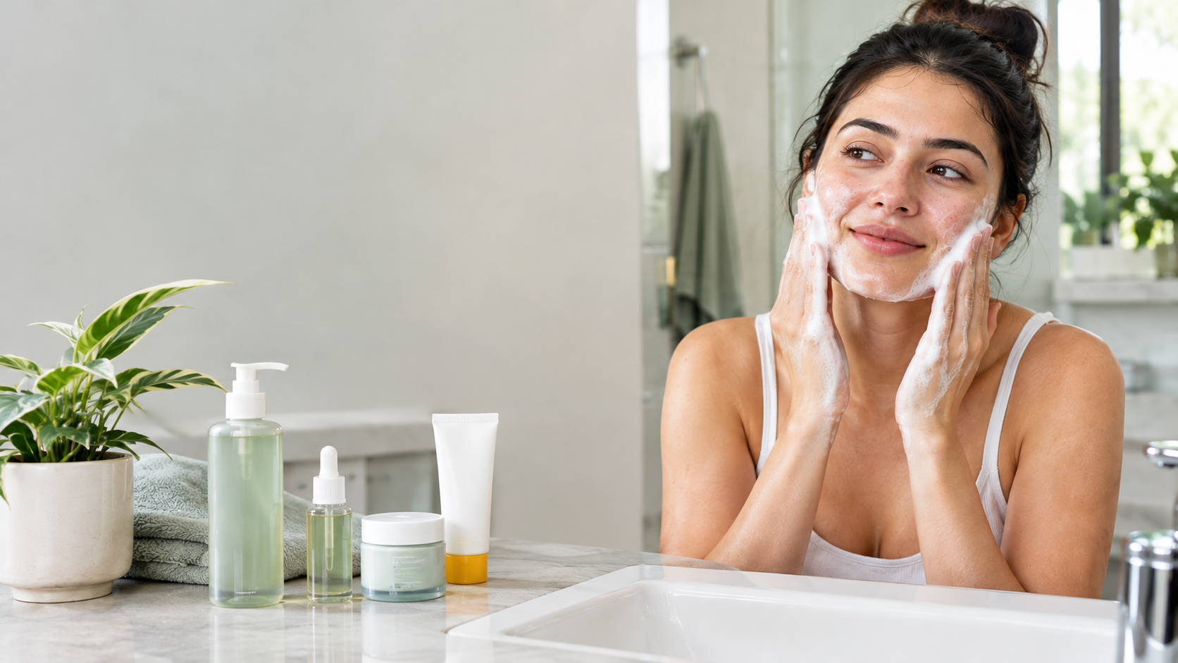 Woman washing her face as part of a skincare routine for oily skin.