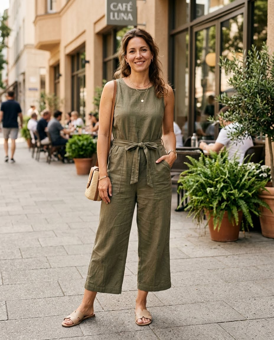 casual-jumpsuit-and-slide-sandals