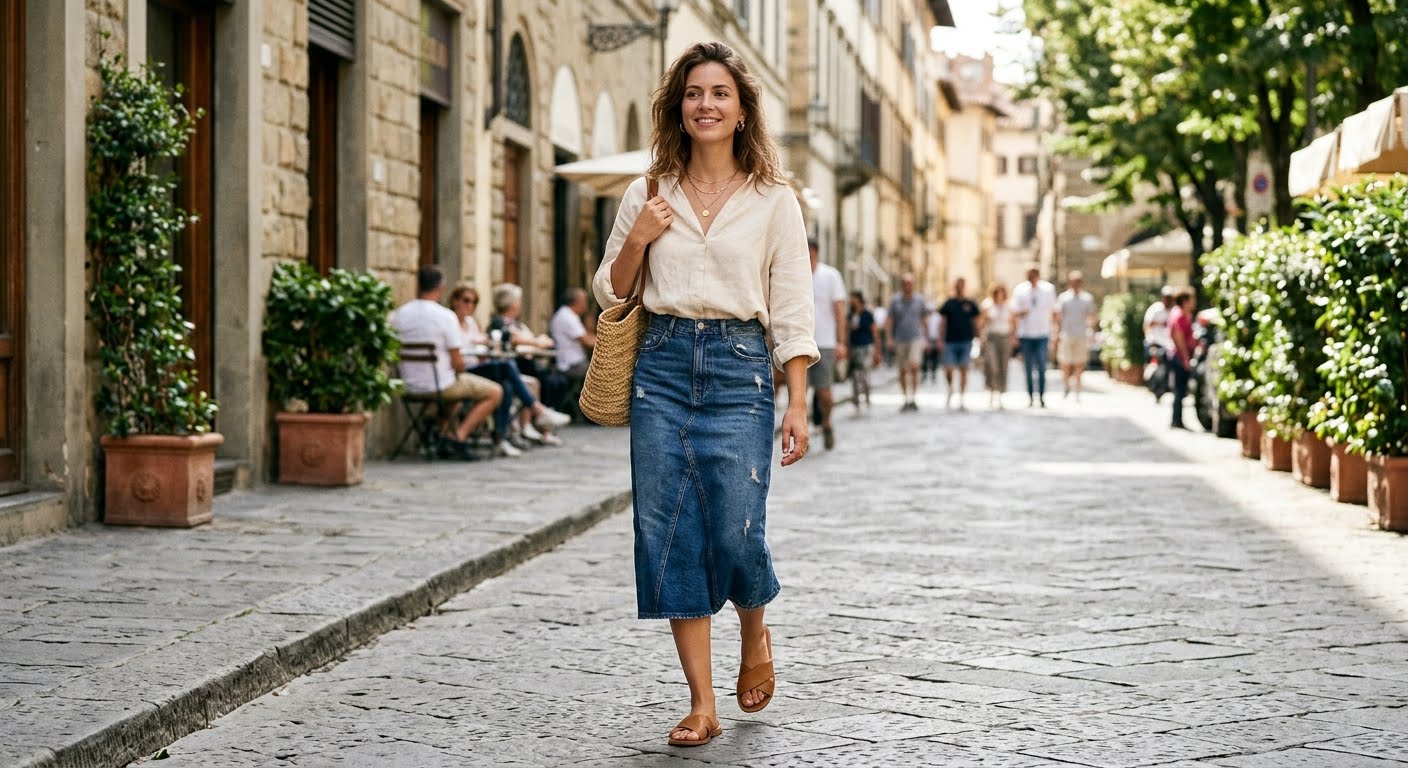 denim-skirt-relaxed-blouse