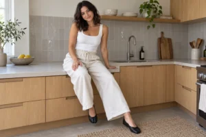 Woman wearing a fitted white tank, ivory linen trousers, and black Tabi flats while seated on a kitchen counter.