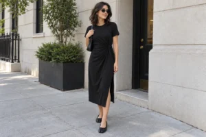 Woman wearing a black cotton midi dress, small black shoulder bag, and black Tabi flats on a city sidewalk.