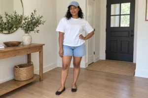 Woman wearing light blue denim shorts, a relaxed white T-shirt, a denim cap, and black Tabi flats in a home entryway.