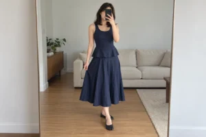 Mirror selfie of a woman wearing a navy sleeveless peplum top, matching fluid midi skirt, and black Tabi flats.